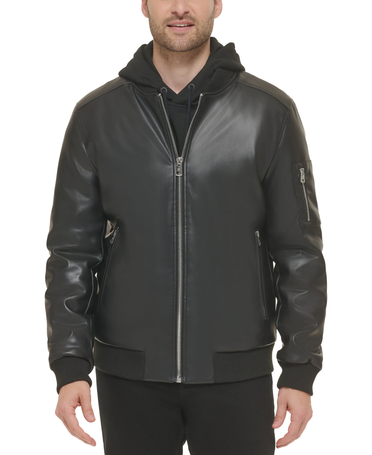 Jaqueta bomber masculina Calvin Klein de couro sintético, preta, tamanho médio