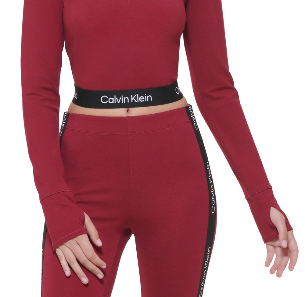 Blusa feminina Calvin Klein com estampa de logo e gola alta, vermelha, tamanho X-S