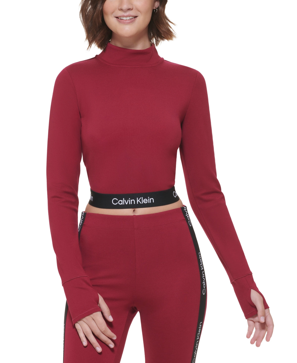 Blusa feminina Calvin Klein com estampa de logo e gola alta, vermelha, tamanho X-S