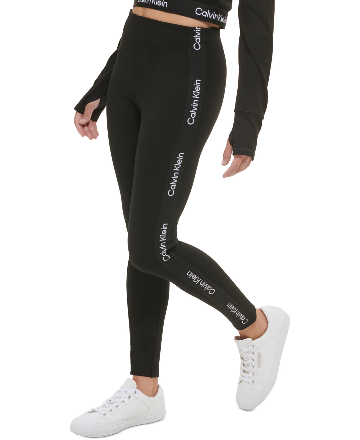 Calça legging feminina Calvin Klein com logo minimalista e cintura alta, tamanho grande, preta