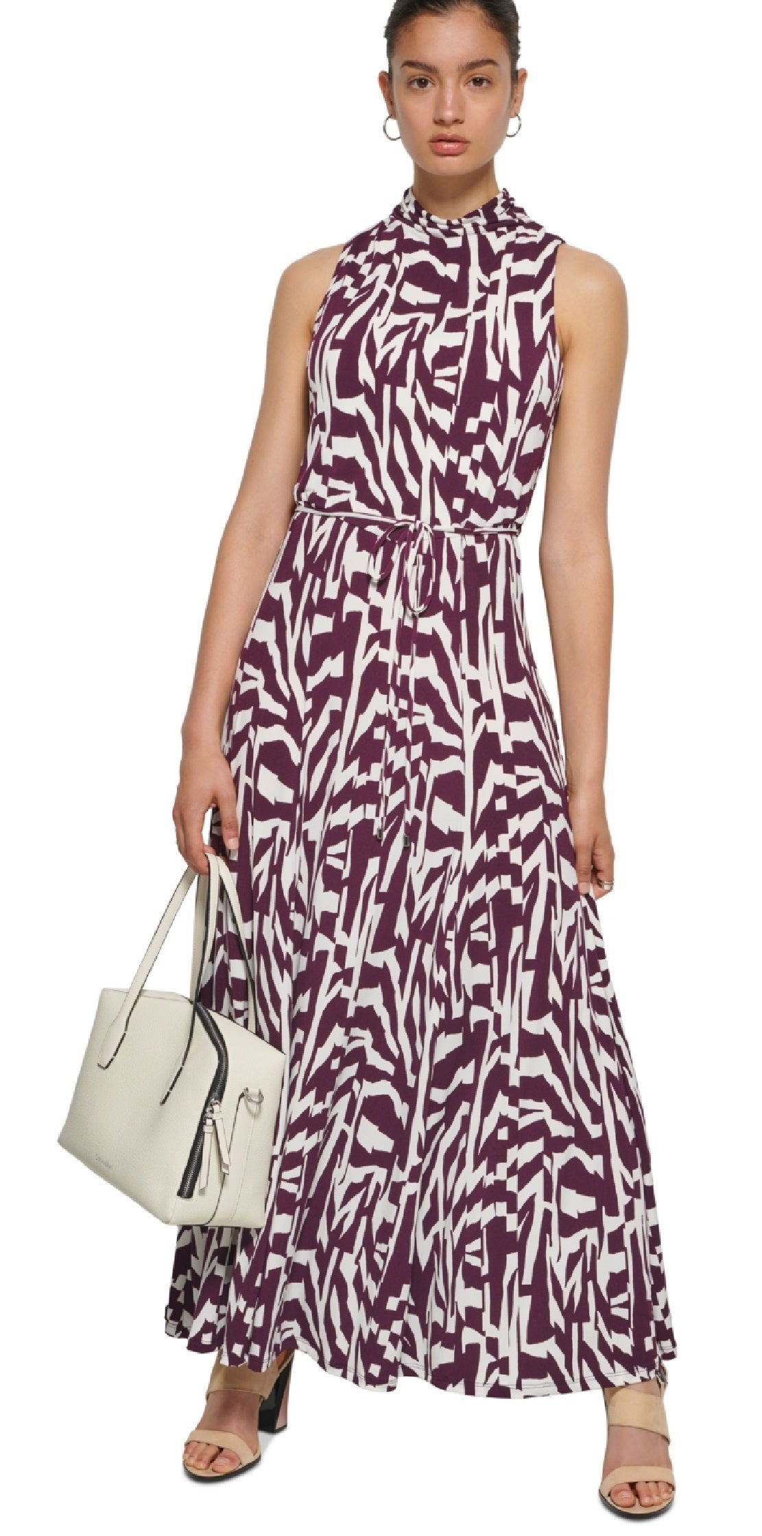 Vestido longo sem mangas estampado Calvin Klein feminino, roxo, tamanho médio