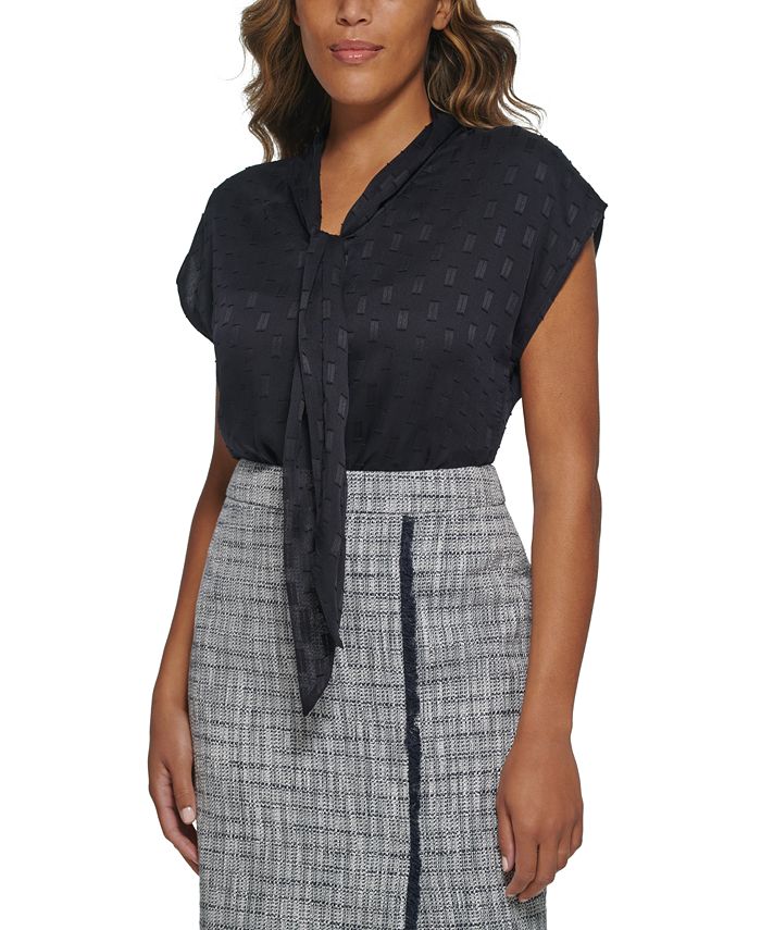 Blusa Calvin Klein Feminina Manga Curta Gola Amarrada Azul Tamanho Pequeno Médio