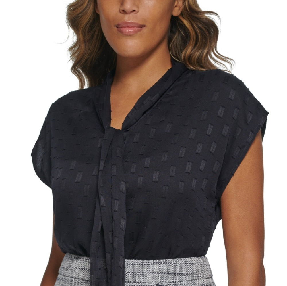 Blusa Calvin Klein Feminina Manga Curta Gola Amarrada Azul Tamanho Pequeno Médio