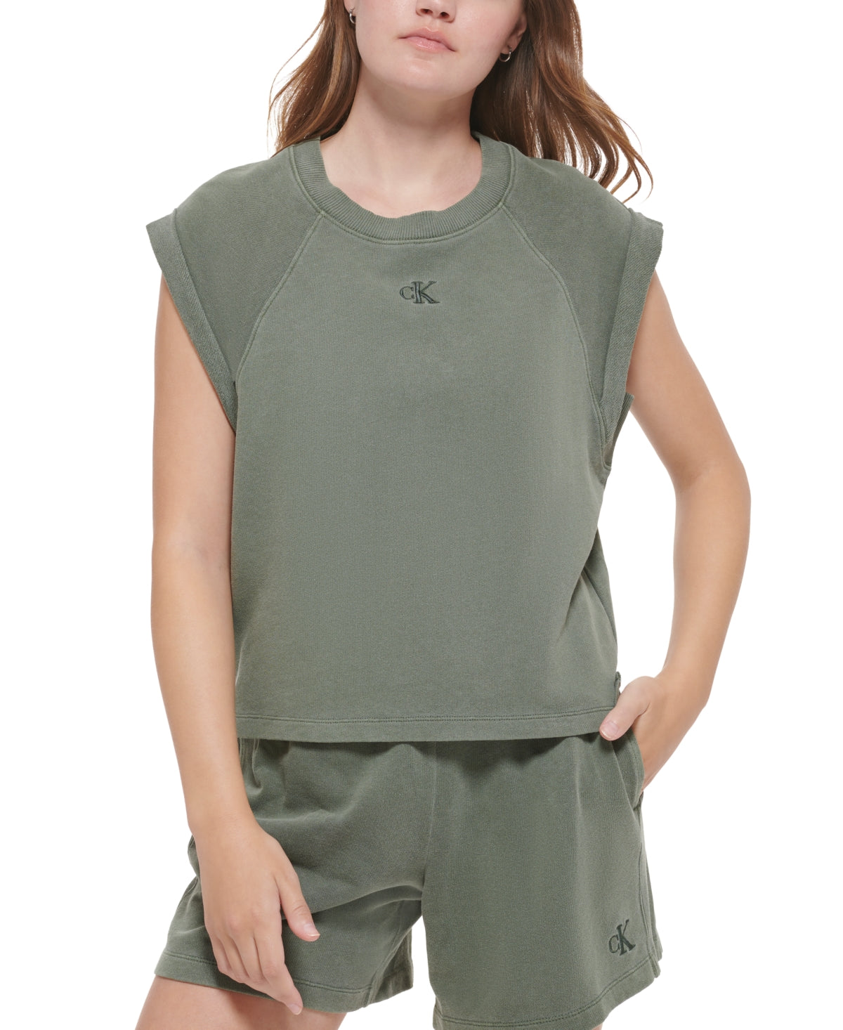 Calvin Klein Jeans Moletom Feminino de Algodão Sem Mangas Verde Tamanho Grande