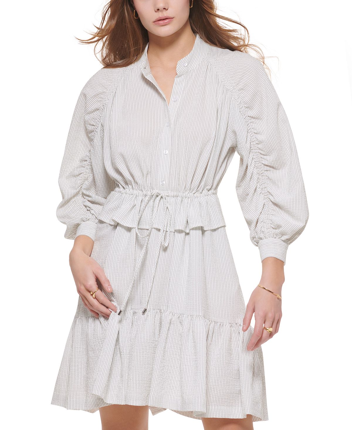Vestido-camisa Calvin Klein feminino com amarração na cintura e manga franzida, branco, tamanho extragrande