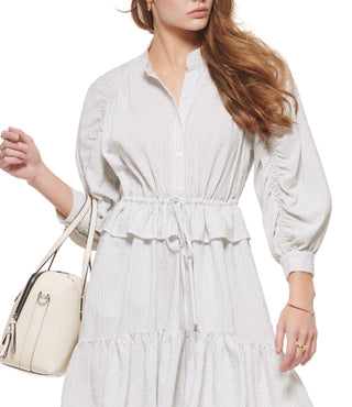 Calvin Klein Vestido Camisa Feminino Cintura Amarrada Manga Franzida Branco Tamanho X-S