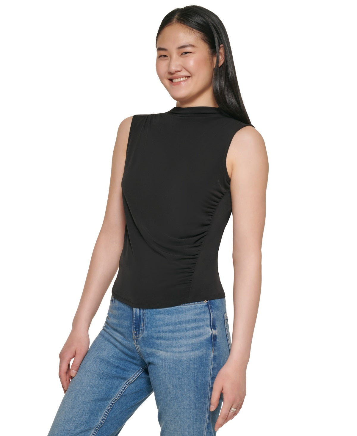 Blusa feminina Calvin Klein sem mangas franzida preta tamanho extragrande