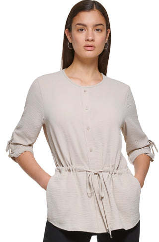 Camisa Calvin Klein Feminina com Botões e Cintura Amarrada, Marrom, Tamanho Grande