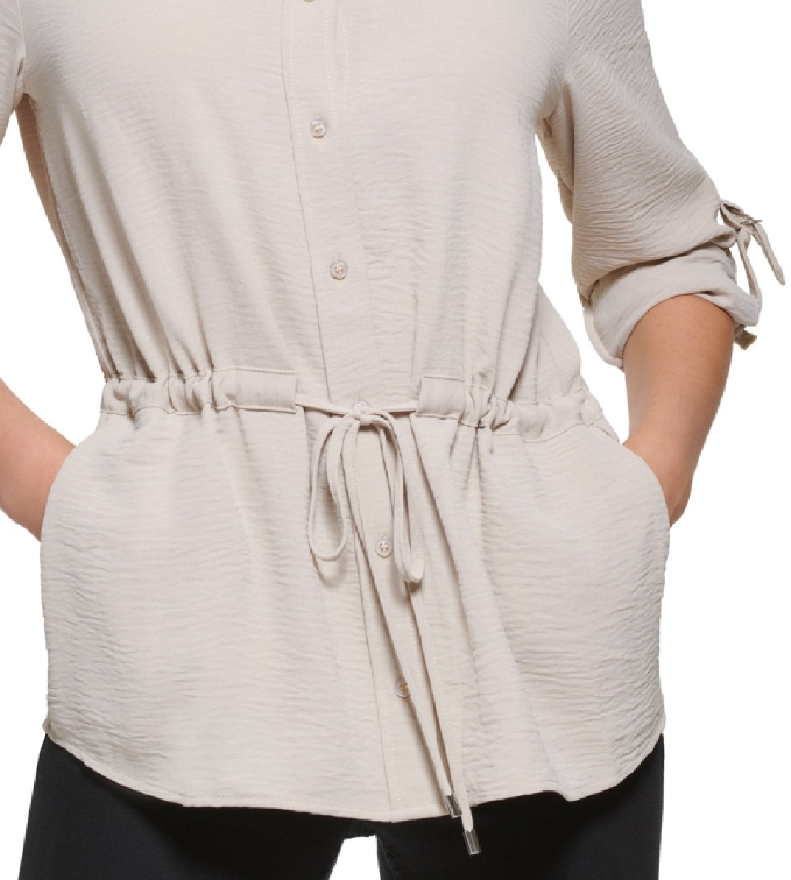 Camisa Calvin Klein Feminina com Botões e Cintura Amarrada, Marrom, Tamanho Grande