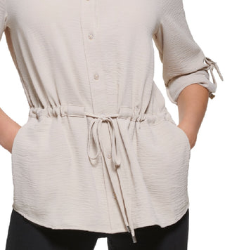 Camisa Calvin Klein Feminina com Botões e Cintura Amarrada, Marrom, Tamanho Grande