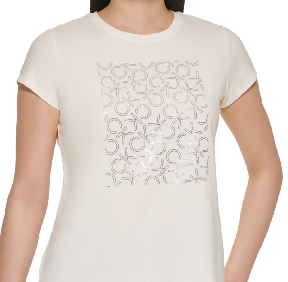 Camiseta Calvin Klein Feminina com Logotipo Metálico, Branca, Tamanho X-S