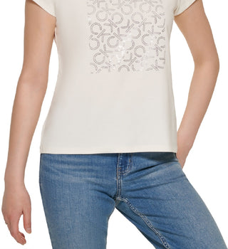 Camiseta Calvin Klein Feminina com Logotipo Metálico, Branca, Tamanho X-S