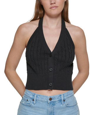 Calvin Klein Jeans Feminino Top Halter de Malha de Algodão Preto Tamanho X-G