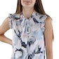 Blusa feminina Calvin Klein estampada com gola amarrada, azul, tamanho pequeno e pequeno