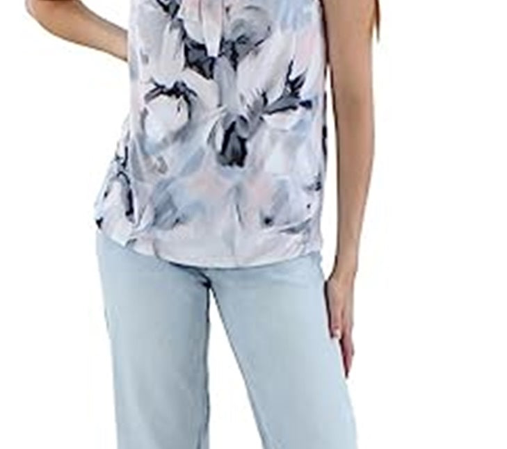 Blusa feminina Calvin Klein estampada com gola amarrada, azul, tamanho pequeno e pequeno