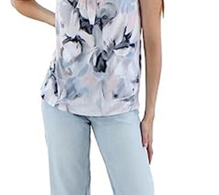 Blusa feminina Calvin Klein estampada com gola amarrada, azul, tamanho pequeno e pequeno