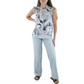 Blusa feminina Calvin Klein estampada com gola amarrada, azul, tamanho pequeno e pequeno