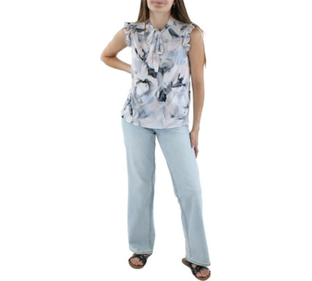 Blusa feminina Calvin Klein estampada com gola amarrada, azul, tamanho pequeno e pequeno