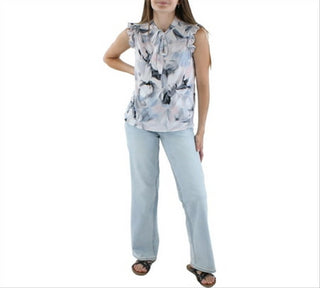 Blusa feminina Calvin Klein estampada com gola amarrada, azul, tamanho pequeno e pequeno