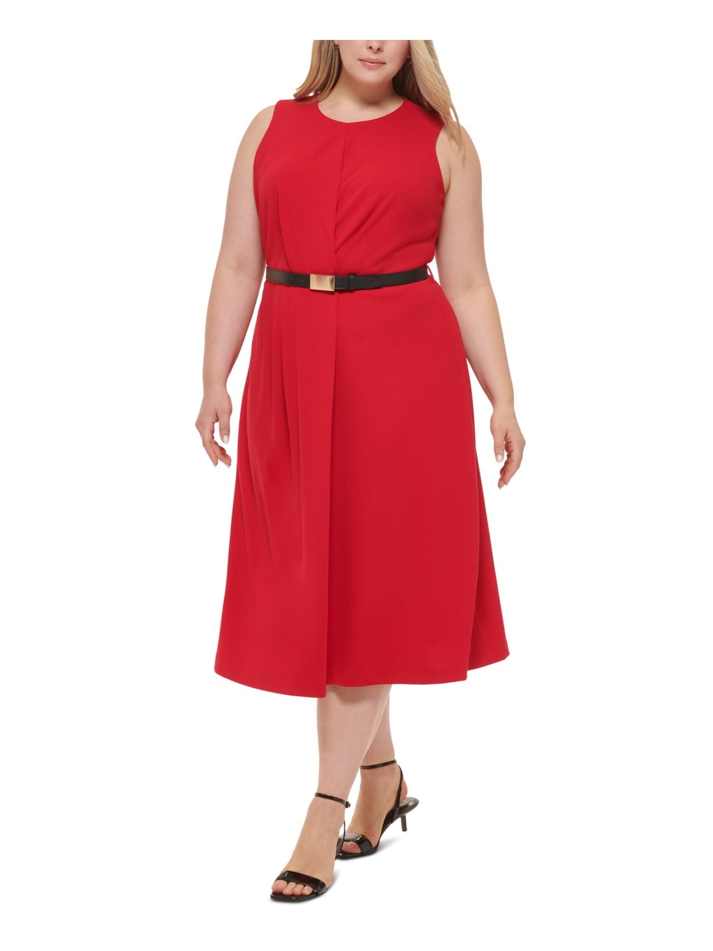 Vestido Calvin Klein Plus Size Feminino com Cinto e Linha A, Cor Vermelho