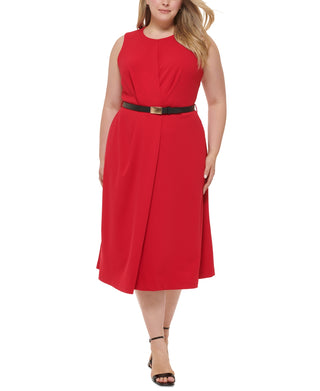 Vestido Calvin Klein Plus Size Feminino com Cinto e Linha A, Cor Vermelho