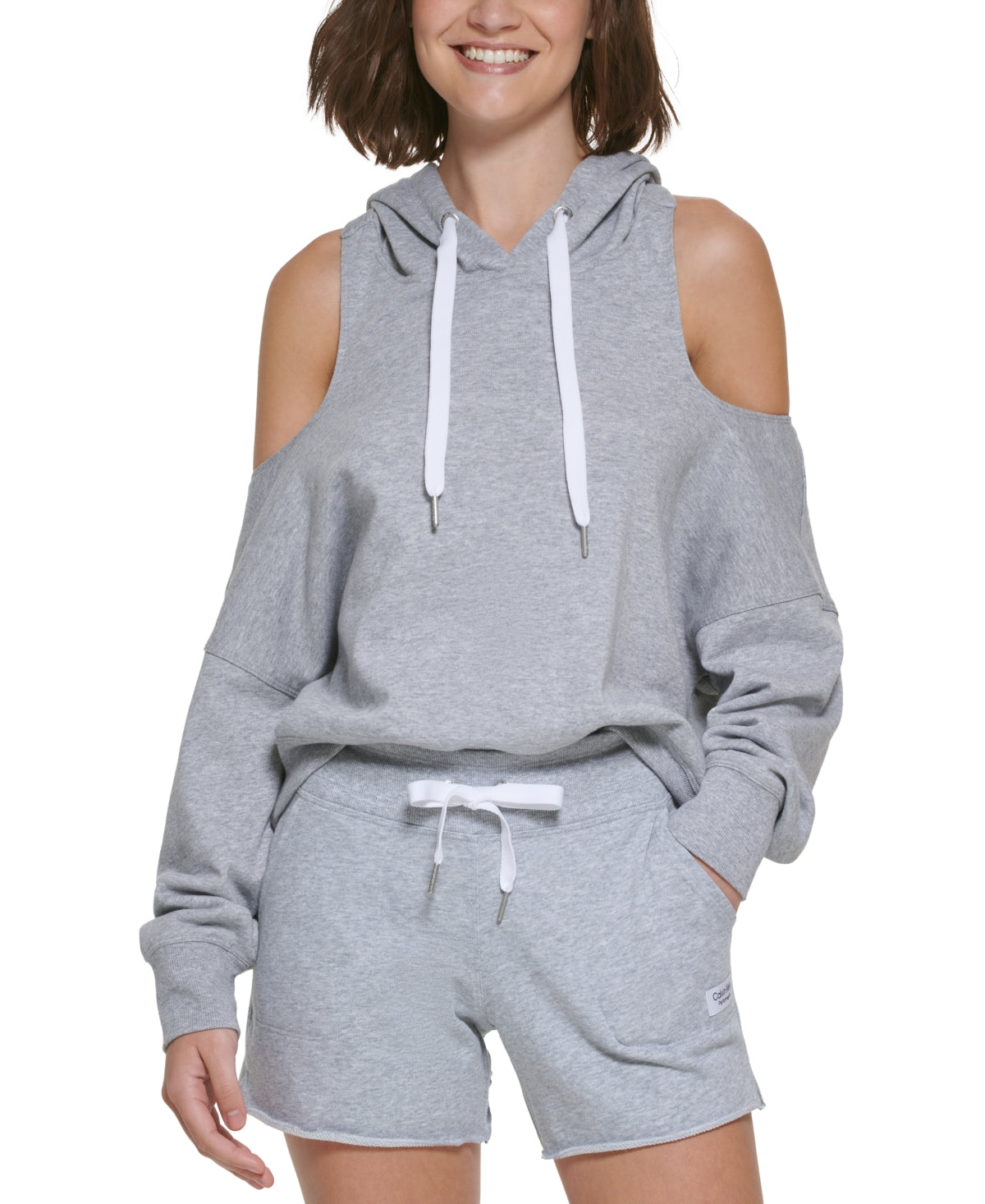 Calvin Klein Performance Moletom com capuz feminino, costas abertas e ombros descobertos, prateado, tamanho GG