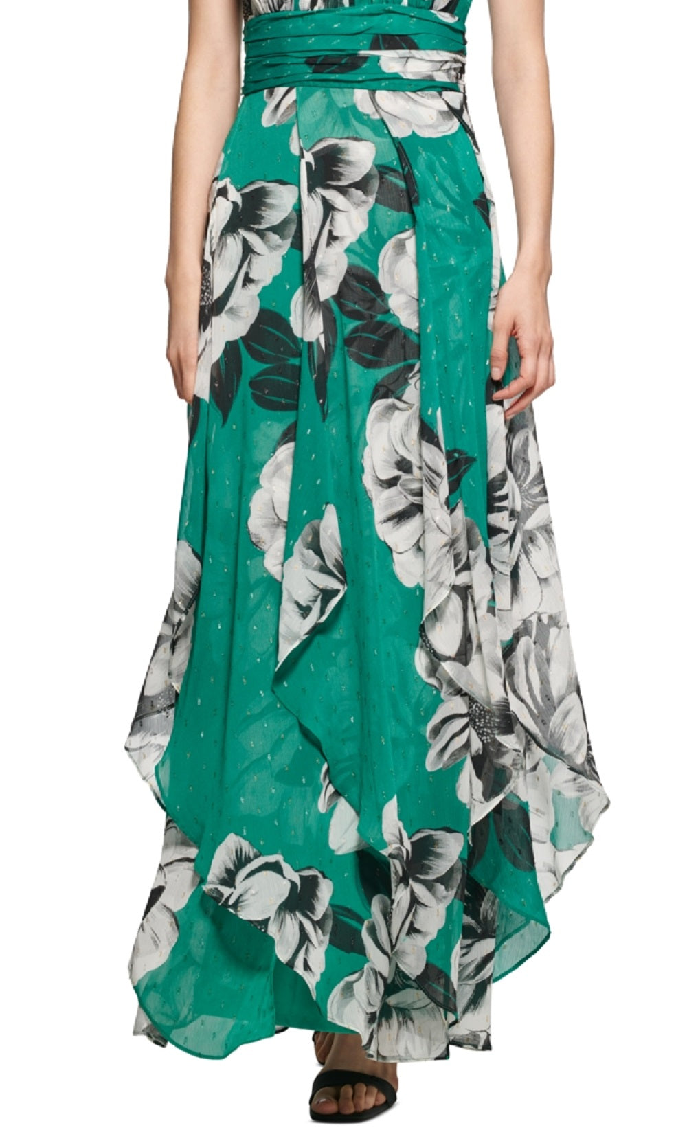 Vestido longo feminino Calvin Klein com estampa floral bordada metálica, verde, tamanho 6