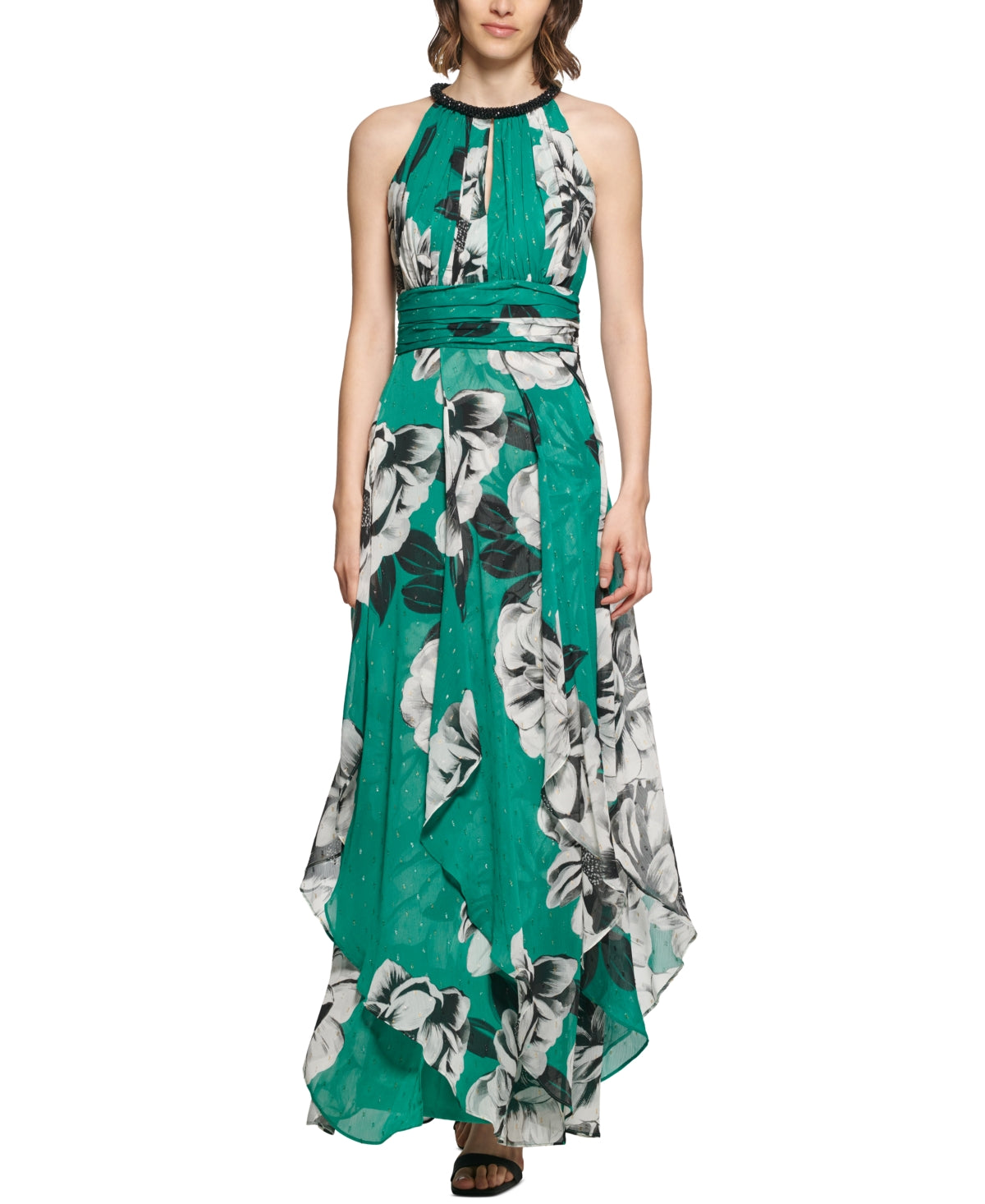Vestido longo feminino Calvin Klein com estampa floral bordada metálica, verde, tamanho 6