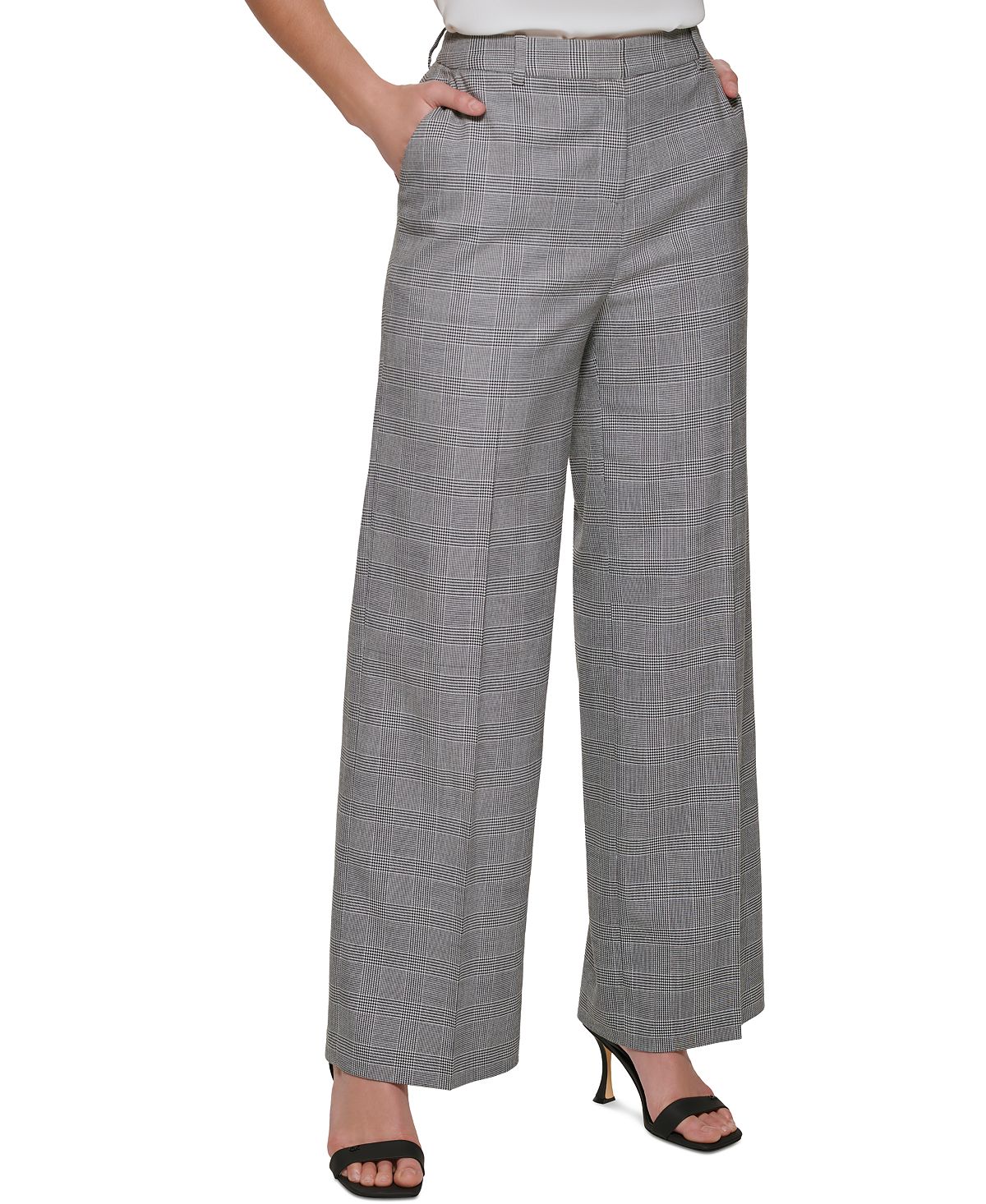 Calça feminina Calvin Klein xadrez pied de poule, perna larga, cinza, tamanho 14, pequena