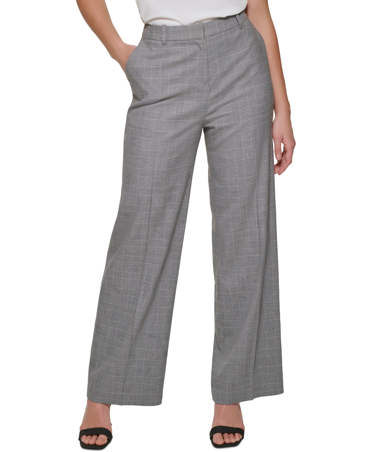 Calça feminina Calvin Klein xadrez pied de poule, perna larga, cinza, tamanho 14, pequena