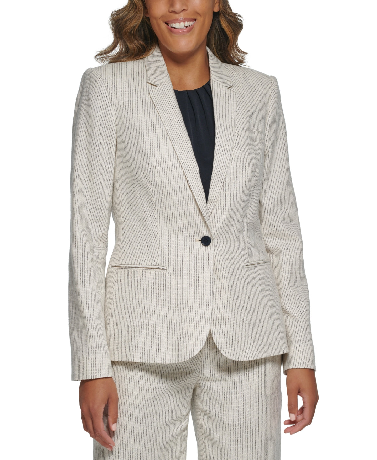 Calvin Klein Blazer Feminino de Linho com Botão Único Branco Tamanho 8 Petite