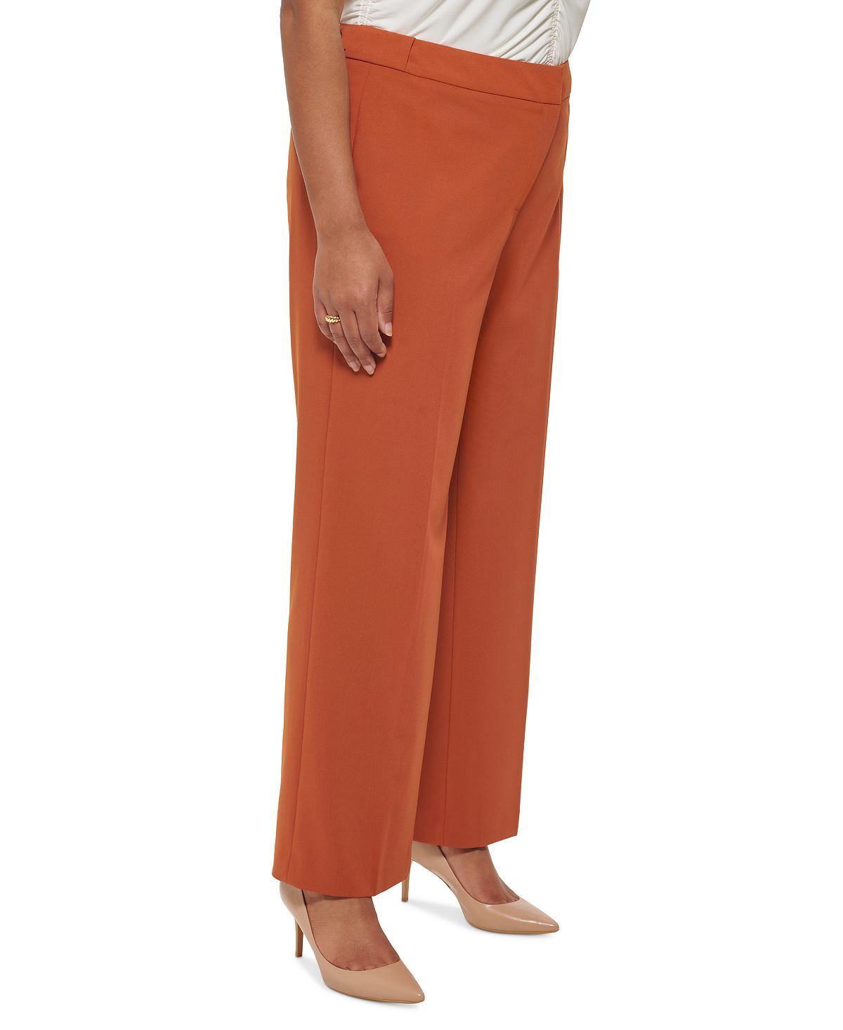 Calça feminina Calvin Klein com zíper, bolsos, vincos, gancho e barra, para usar no trabalho, perna reta, laranja, tamanho 14W