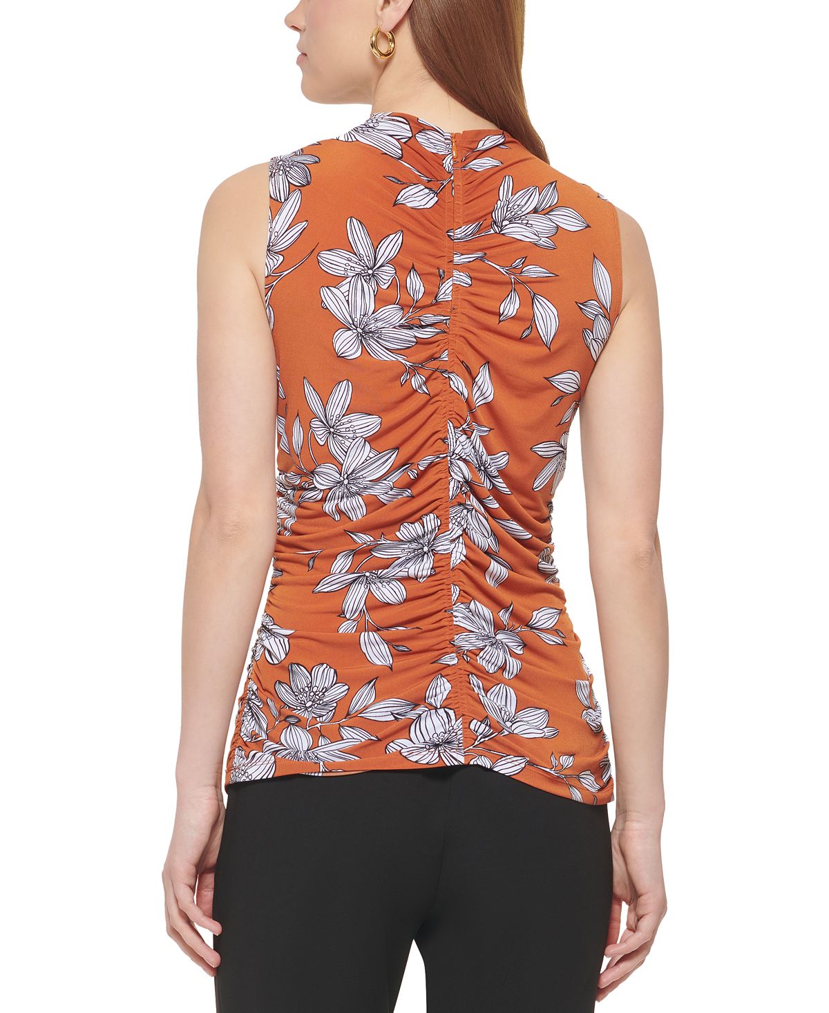 Blusa feminina Calvin Klein floral sem mangas franzida marrom tamanho pequeno extragrande