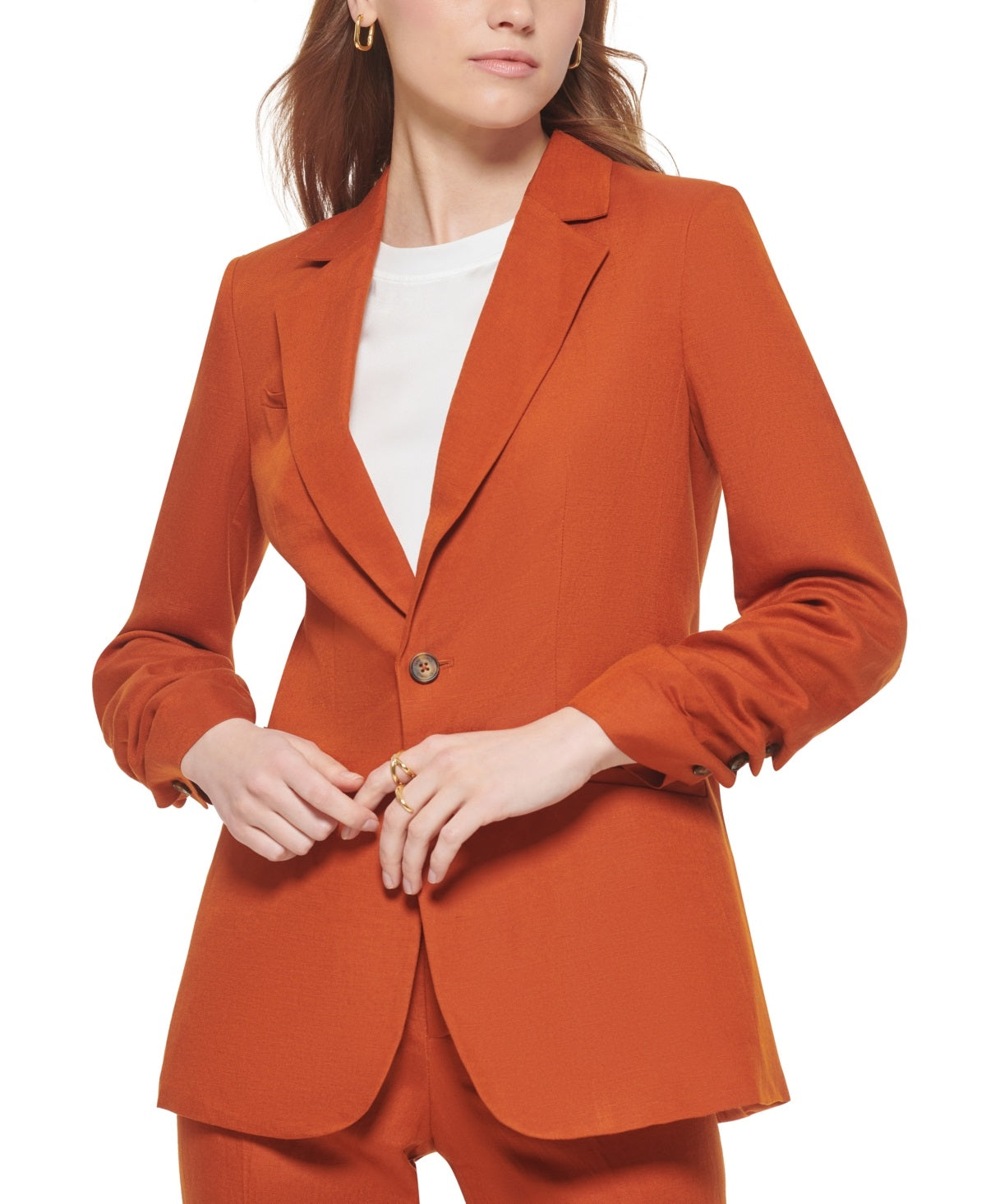 Calvin Klein Blazer Feminino com Detalhe de Botão e Manga Franzida Marrom Tamanho 6 Petite