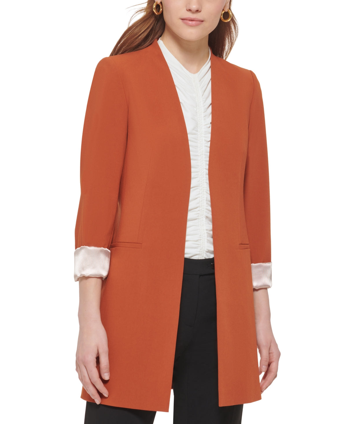 Calvin Klein Blazer Feminino Frente Aberta Manga 3/4 Marrom Tamanho 12 Petite