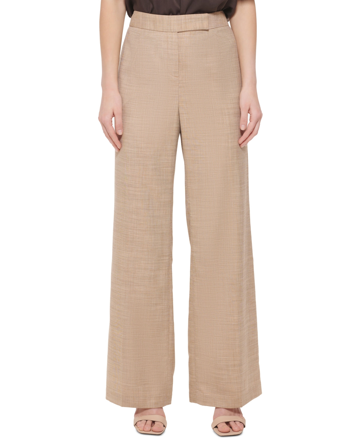 Calça feminina Calvin Klein de linho, perna larga, marrom, tamanho 16