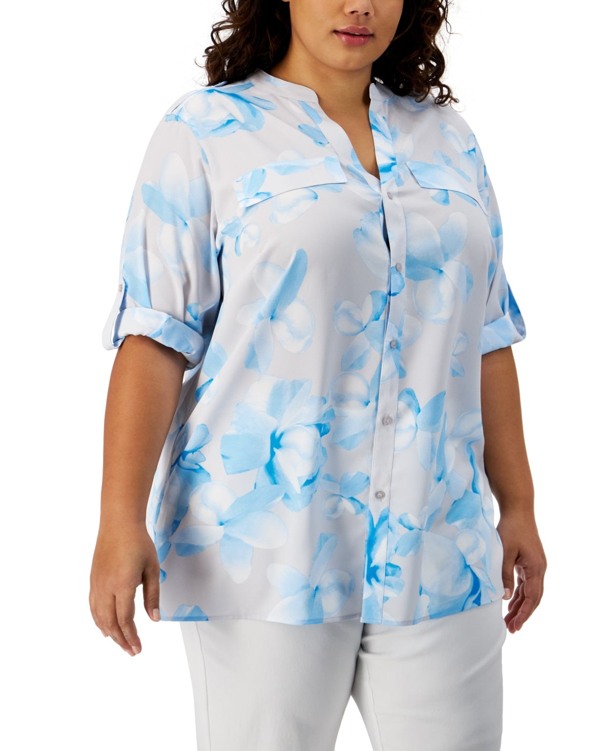 Blusa Calvin Klein Feminina Estampada com Aba Dobrada Cinza Tamanho 2X