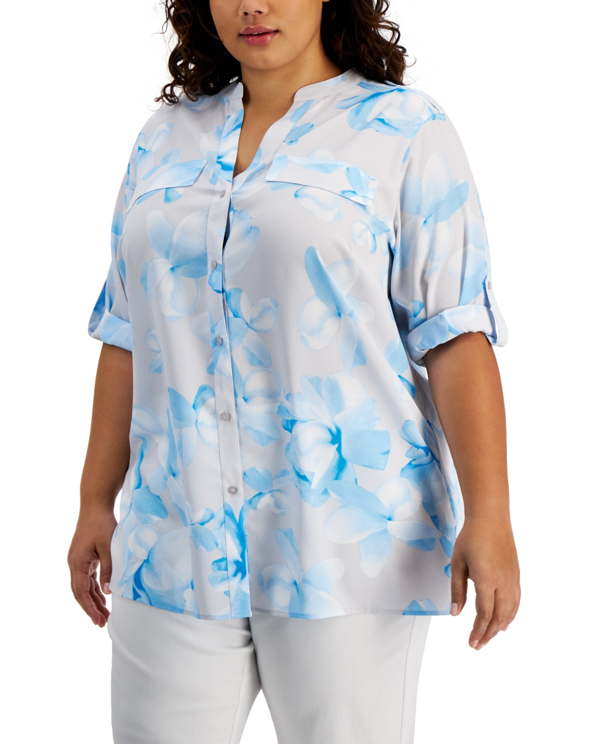 Blusa Calvin Klein Feminina Estampada com Aba Dobrada Cinza Tamanho 2X