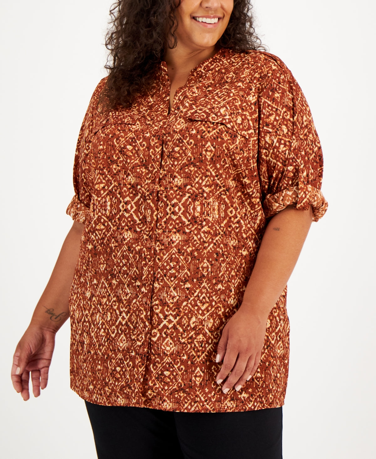 Blusa Calvin Klein Feminina Manga Longa com Botões Marrom Tamanho 1X