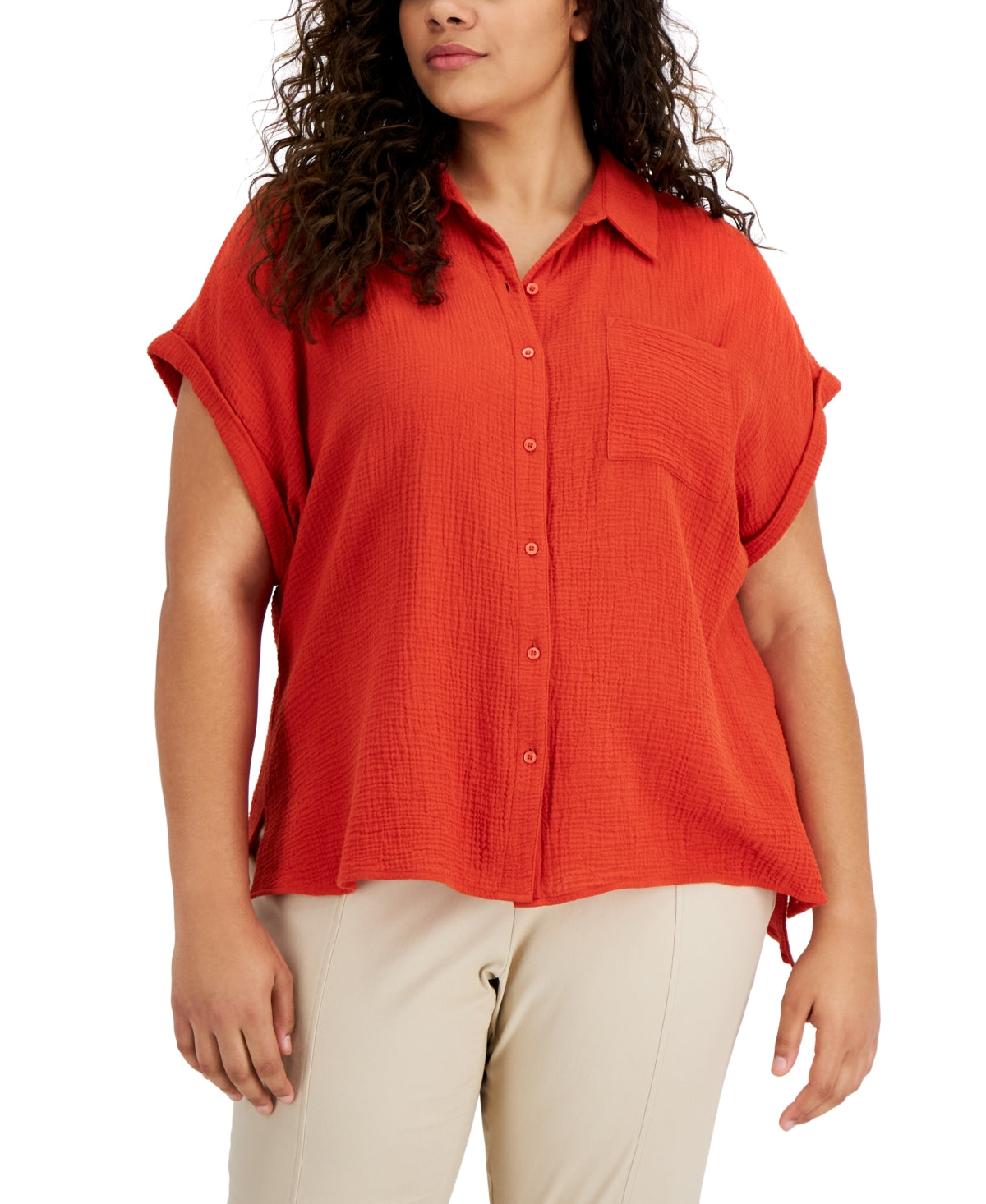 Camisa feminina Calvin Klein de algodão com botões frontais, tamanho 2X, marrom