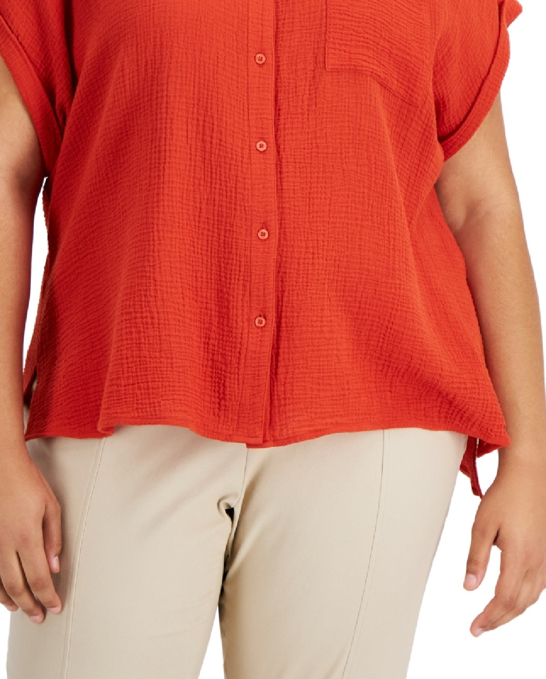 Camisa feminina Calvin Klein de algodão com botões frontais, tamanho 2X, marrom