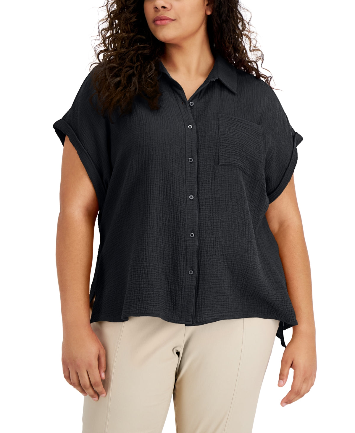 Camisa feminina Calvin Klein de algodão com botões frontais e botões, preta