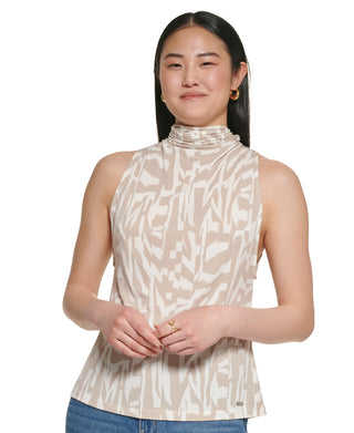 Blusa Calvin Klein Feminina Estampada Sem Mangas Amarrada nas Costas Gola Redonda Marrom Tamanho X-G