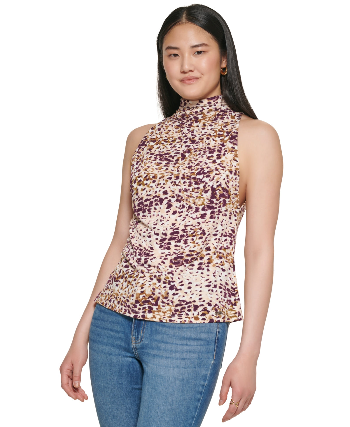 Blusa Calvin Klein Feminina Estampada Sem Mangas Amarrada nas Costas Gola Redonda Marrom Tamanho X-G