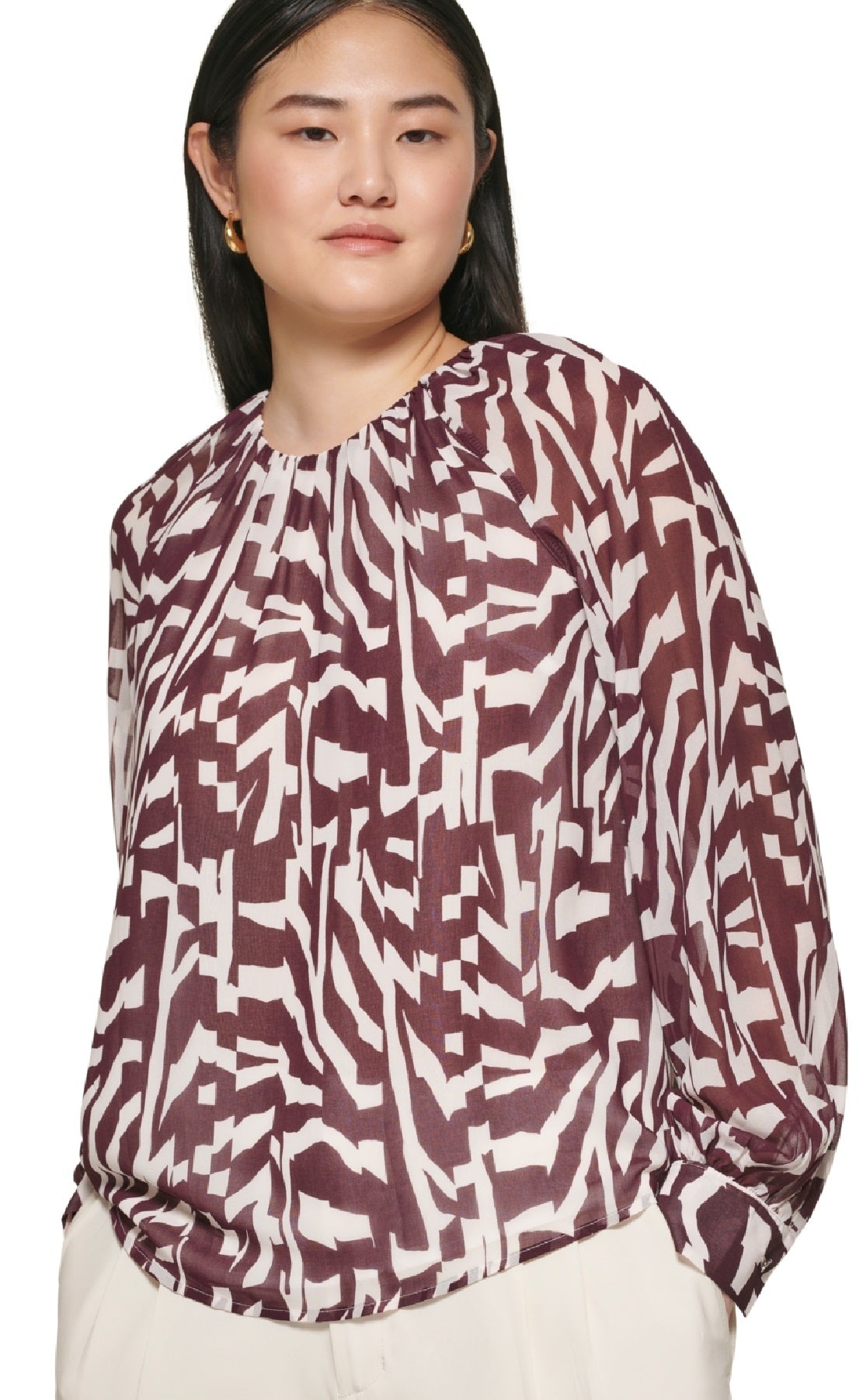 Blusa Calvin Klein Feminina Manga Longa Estampada Chiffon Roxa Tamanho XS