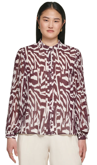 Blusa Calvin Klein Feminina Estampada Manga Plissada Botões Frontais Roxa Tamanho X-G