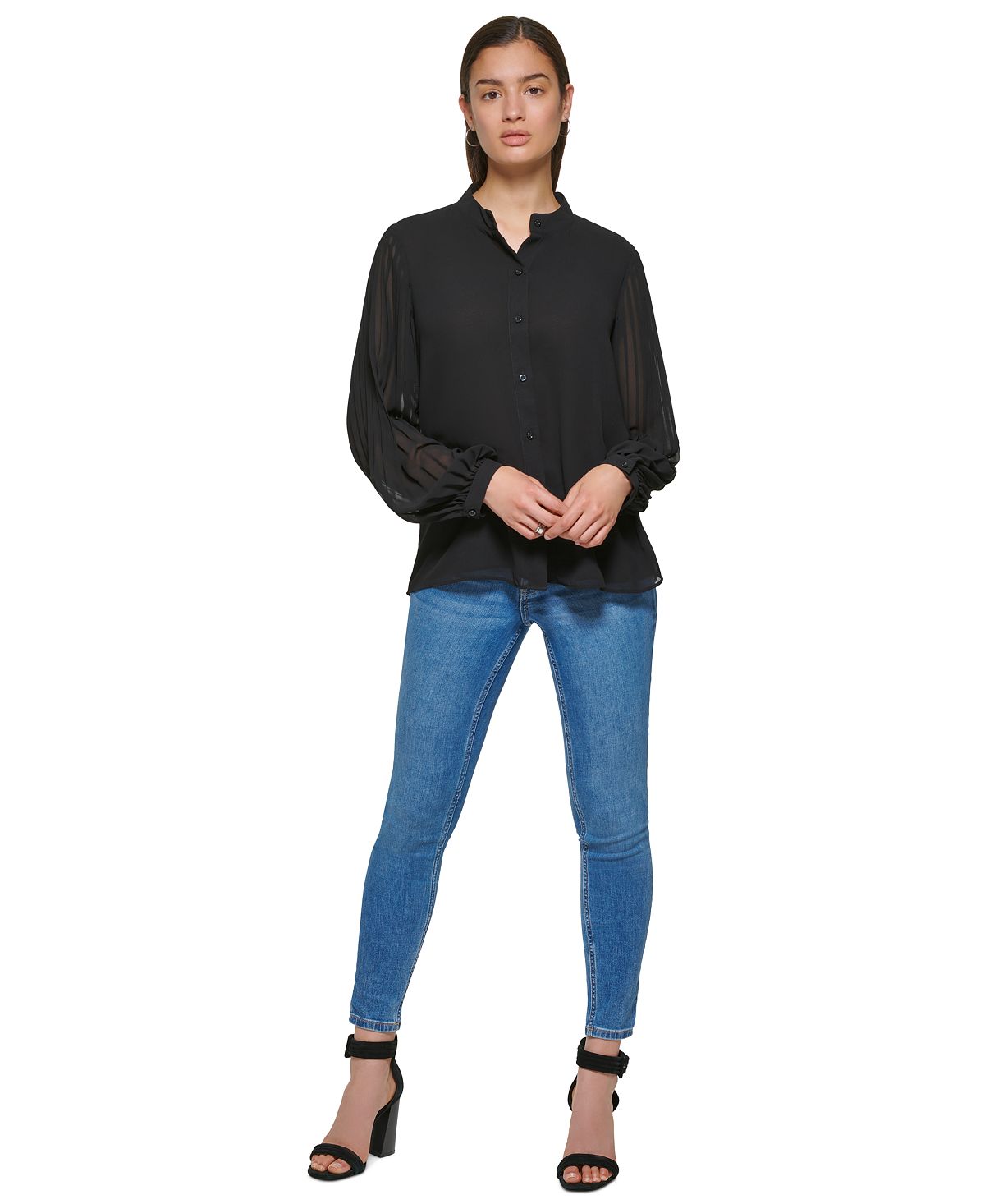 Blusa Calvin Klein Feminina Manga Plissada Chiffon Botões Frontais Preta Tamanho Grande