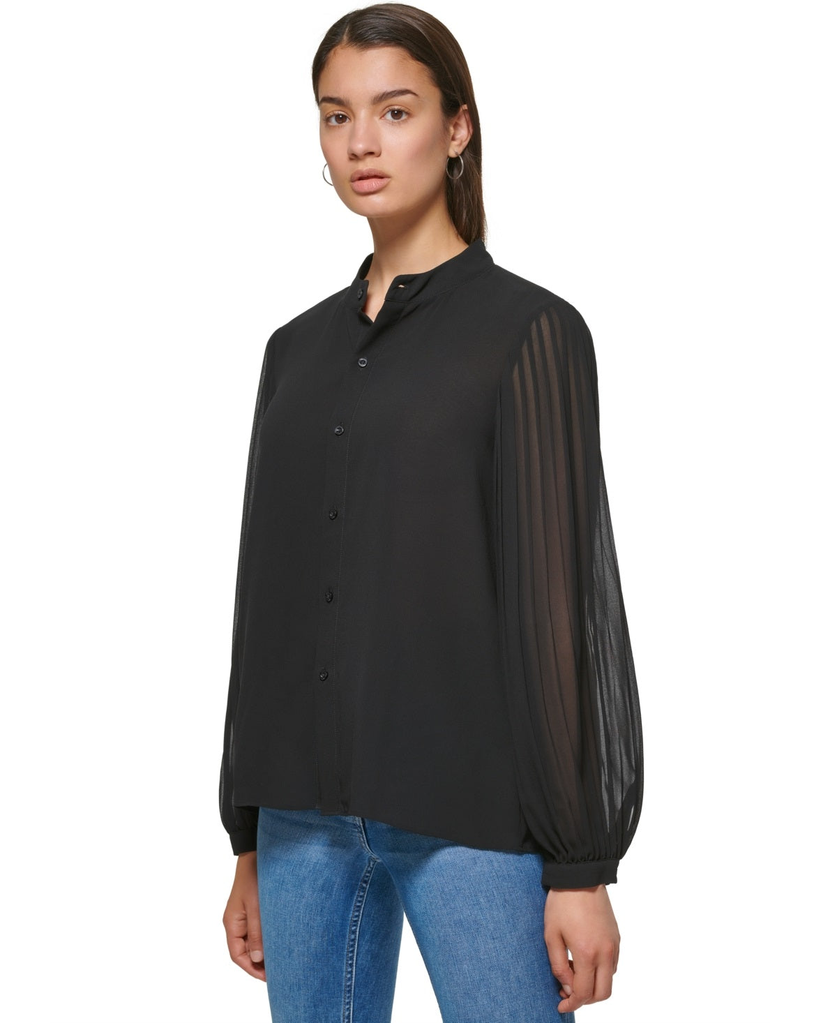 Blusa Calvin Klein Feminina Manga Plissada Chiffon Botões Frontais Preta Tamanho Grande