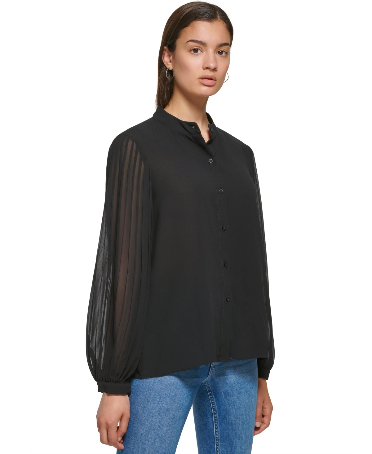 Blusa Calvin Klein Feminina Manga Plissada Chiffon Botões Frontais Preta Tamanho Grande