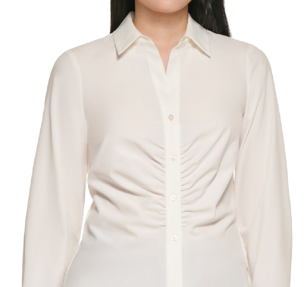 Calvin Klein Camiseta Feminina com Botões e Babados na Frente, Branca, Tamanho Médio